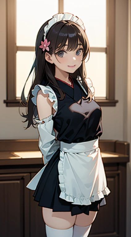 masutepiece,Best Quality,ultra-detailliert,4K,superfine illustration,very detailed beautiful face and eyes,Professional Lighting,Bright atmosphere,Cowboy Shot,1girl in,Lori,Flat breasts,maid,frilld,komono,Hair Flower,Wide sleeves,Kimono,white thighhig,zettai ryouiki,with floral pattern,Skirt,Detached sleeves,Apron,Leaning forward,arms behind back,Long hair,Smile,adorable smiling,fearless Smile,Happy,welcome,Dynamic Pose,Cozy,Charming,Lively,(in a cafe:1.2),Indoors,Dynamic Angle,Arched back,pov