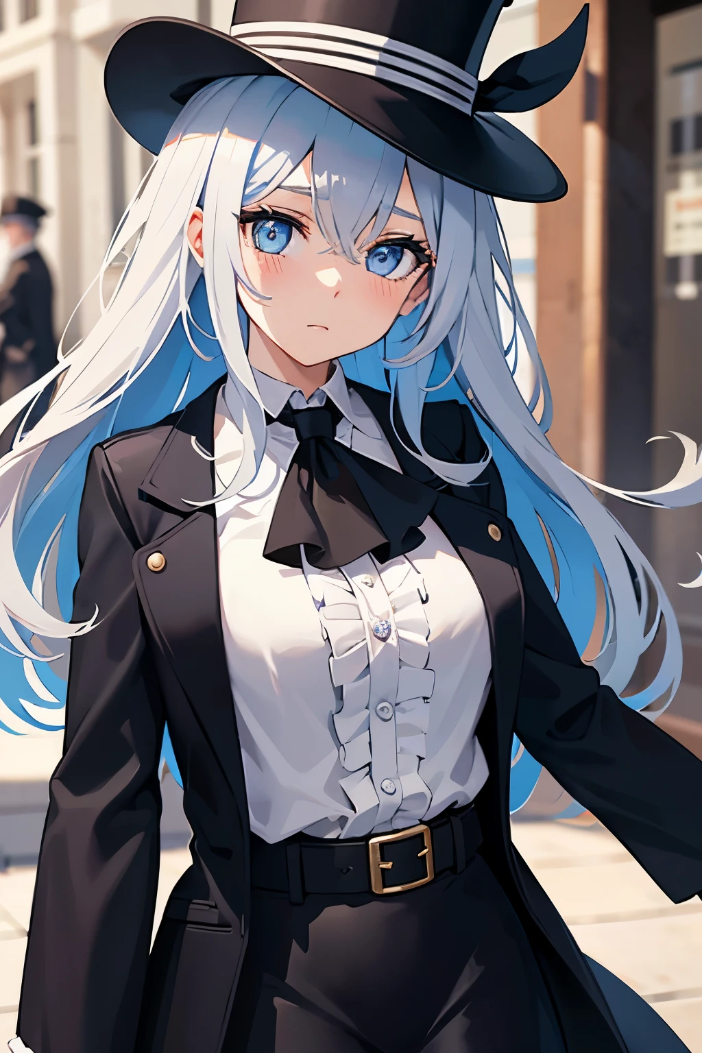 1girl, solo, long hair, breasts, looking at viewer, blush, bangs, blue eyes, large breasts, shirt, gloves, long sleeves, hat, hair between eyes, jewelry, closed mouth, blue hair, jacket, white shirt, upper body, white hair, grey hair, multicolored hair, outdoors, frills, black gloves, belt, medium hair, blurry, two-tone hair, streaked hair, coat, black jacket, ascot, black headwear, blurry background, brooch, gem, buckle, black belt, black coat, top hat