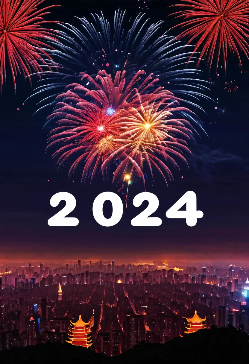 Holiday poster:(2024,new year poster),(new year'New Year's Eve 2024), (fire works:1.2), nigh sky,chinesedragon,