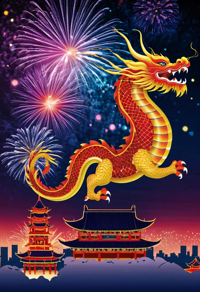 Holiday poster:(2024,new year poster),(new year&#39;New Year&#39;s Eve 2024), (fire works), nigh sky,chinesedragon,