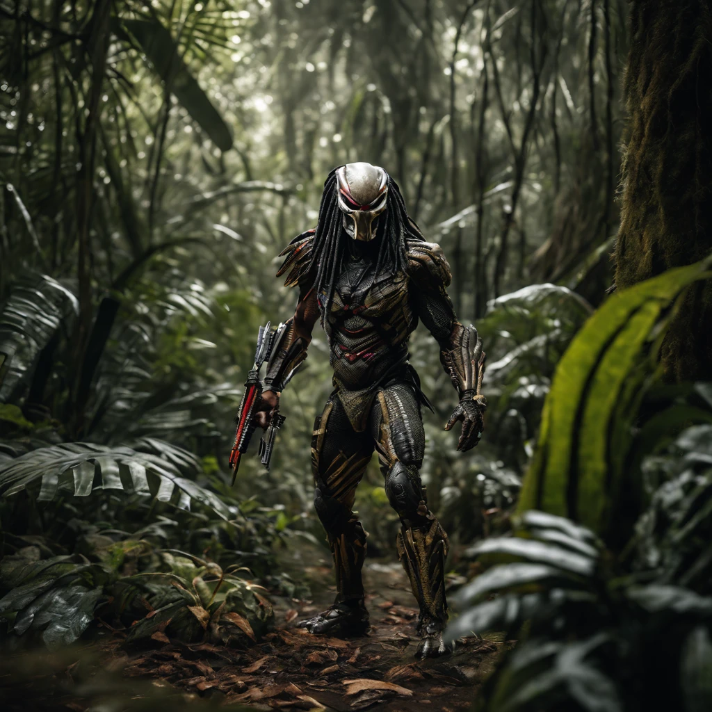 Real 8k dslr photo, full body of The Predator with the original unchanged movie design, very detailed, very scary.
Hunting in the jungle.