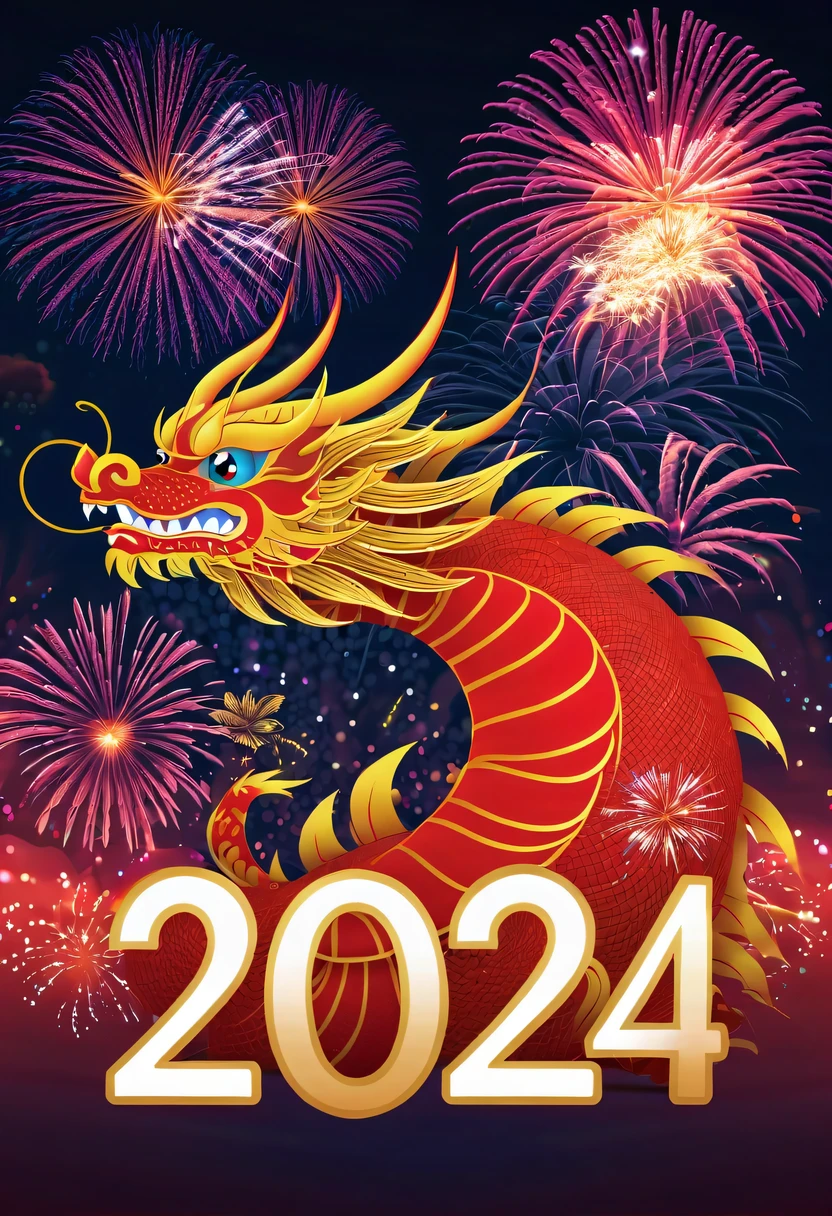 Holiday poster:(2024,new year poster),(new year&#39;New Year&#39;s Eve 2024), (fire works), nigh sky,chinesedragon,