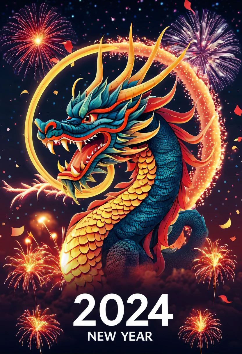 Holiday poster:(2024,new year poster),(new year'New Year's Eve 2024), (fire works), nigh sky,chinesedragon,