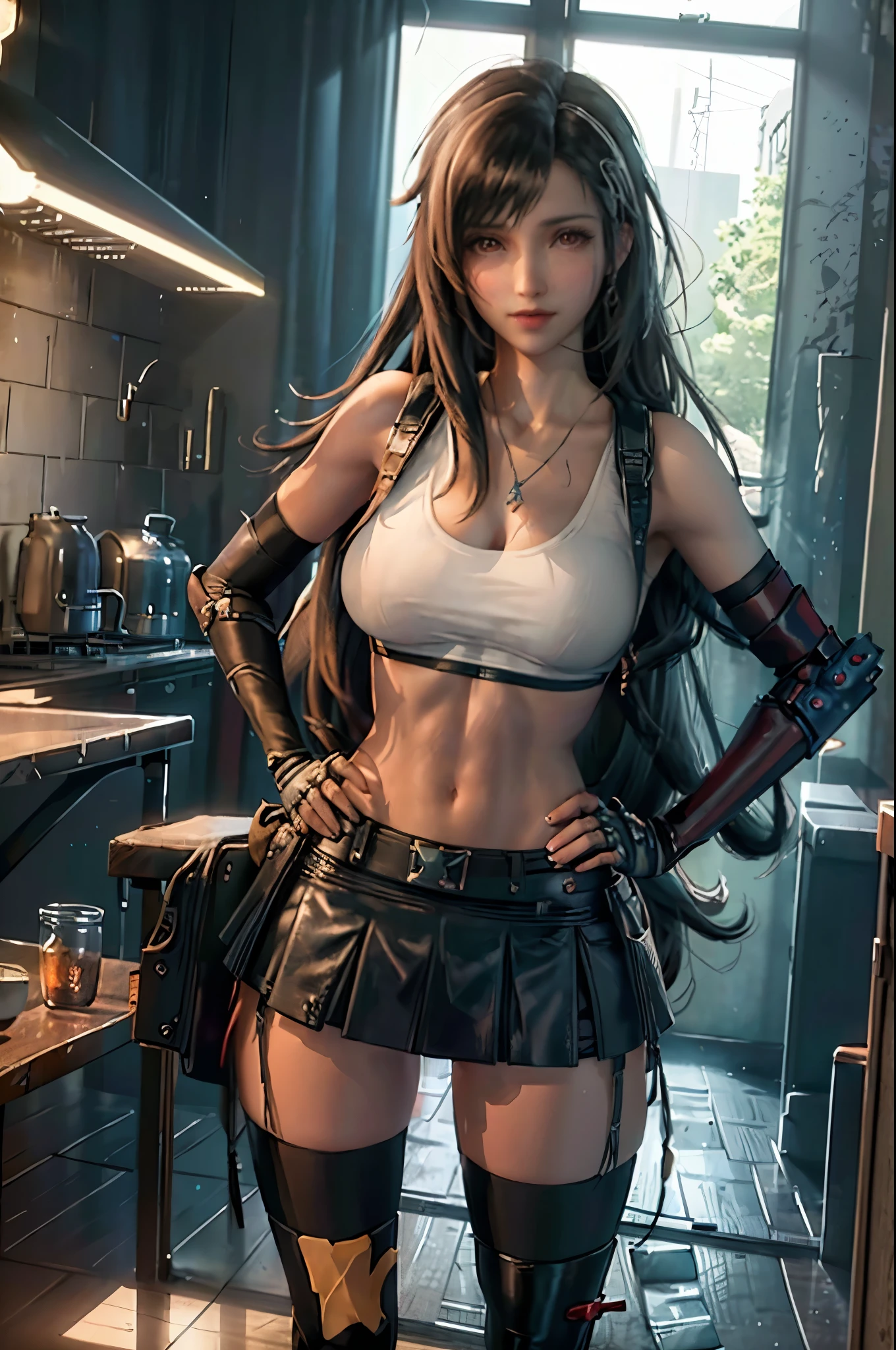 (8k, best quality, masterpiece:1.2), (realistic, photo-realistic), ultra-detailed, 1 girl,cute, solo, (tifa lockhart), (large breasts), neon lights, cityscape, depth of field, sharp focus, single elbow pad, ankle boots, black hair, black thighhighs, red boots, elbow gloves, elbow pads, fingerless gloves, taut shirt, sports bra, (black skirt), thighhighs, white tank top, full body, pretty face, long hair, ((red_eyeokeh, cinematic lighting, (Tetsuya Nomura style), nsfw, perfect breasts (standing, hands on hips:1.3)