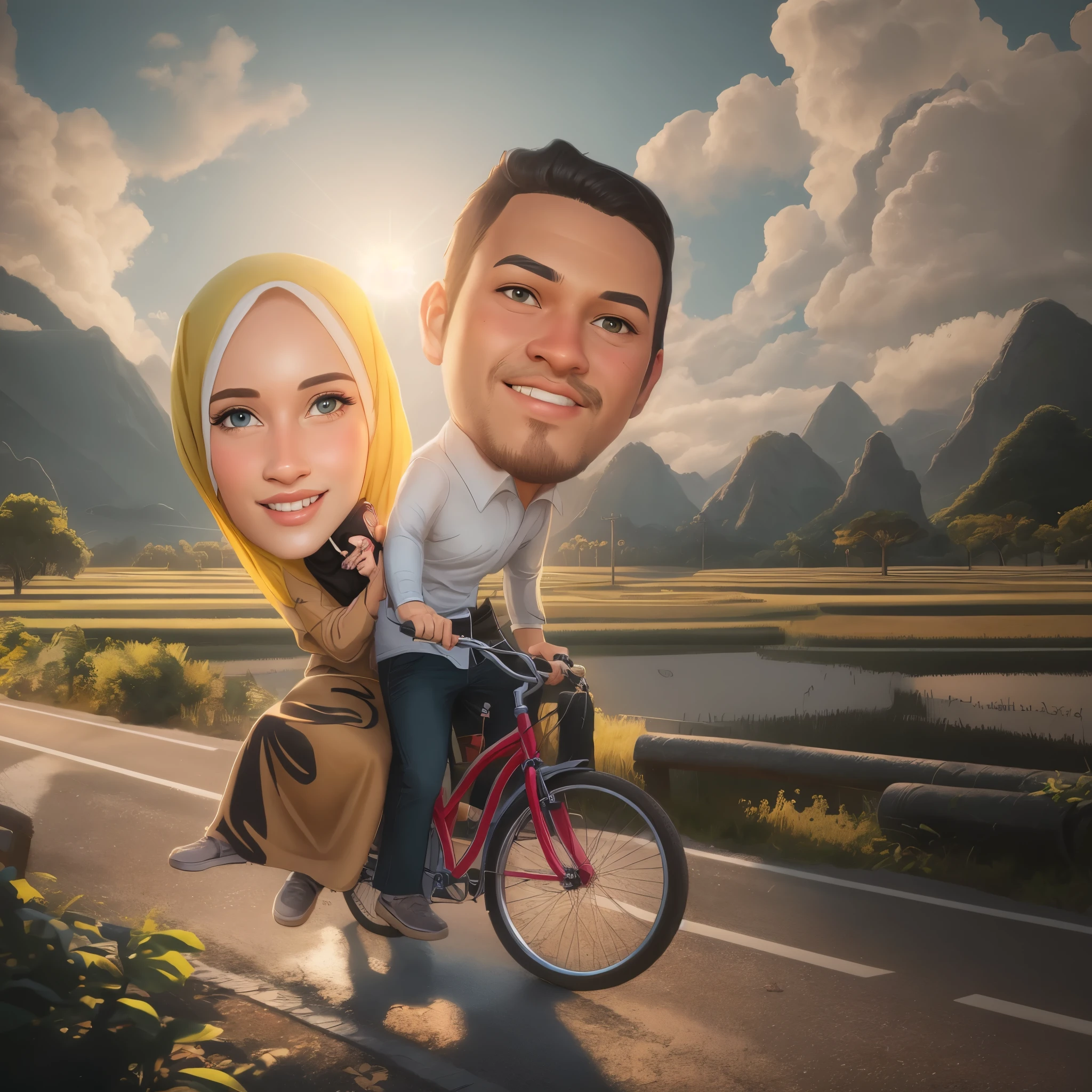 cartoon caricature of a couple riding a bicycle on a country road, The woman in the back is wearing a hijab, Man wearing cloth pants, black hair,, caricature illustration, digital art cartoon, cartoon digital art, caricature!!!, cartoon digital painting, caricature style, realism artstyle, caricature, digital cartoon painting art, cartoon art, cartoon art style, in cartoon style, photorealistic!!!!!!! art style, potrait, cartoon style illustration, 3d, realistic, hipperrealism, detail, 8k