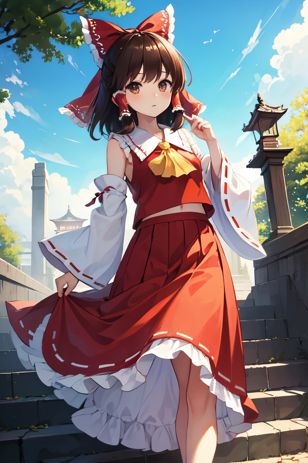 detailed background, masterpiece, best quality, 1girl, hakurei reimu, brown hair, hair tubes, hair ribbon, brown eyes, touhou project, temple, stairs, clound, blue sky, tree