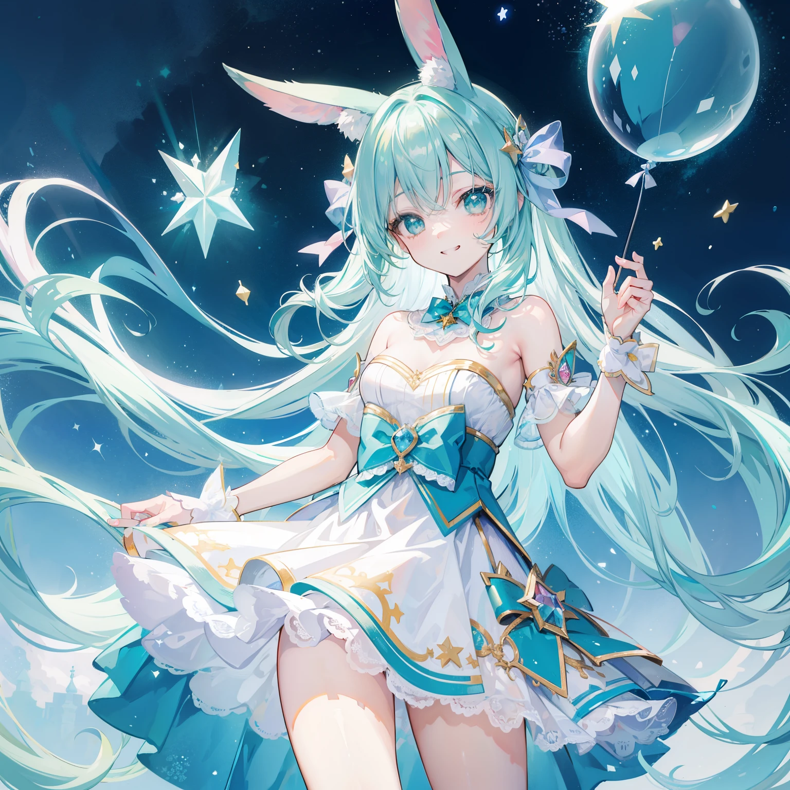 Highest quality、masterpiece、Official Art、16K、Super Fine、so beautiful、Ultra-fine、small、cute、Fly in the blue sky with lots of balloons、Blue costume with hood and rabbit ears、A world of soft and gentle pastel colors、anime