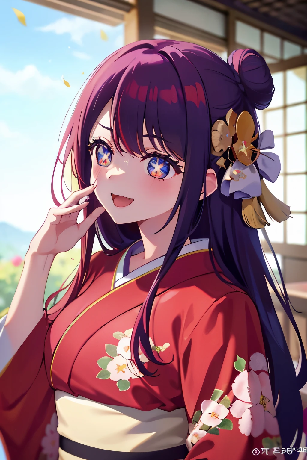 masuter piece, Best Quality, 超A high resolution, top-quality, Anime style, Best Lighting, Beautiful face, Sukezoma、Octane Render、hdr、(Hyper-detailing: 1.15)、(Soft Light、sharp: 1.2)、女の子 1 人、a beauty girl、((Super detailed eyes with star-shaped pupils:1.3))、mature、Plump、A thick, Long color hair、(red kimono:1.3)、(Floral kimono:1.3), (yellow obijime:1.3)、花のhair adornments、(Bun hair:1.3)、(hair adornments、耳环、花のhair adornments、蝶のhair adornments)、outside of house、 shrine background、 Opening Mouth、(The best smile:1.3)、 look up to, (Face Focus:1.3)