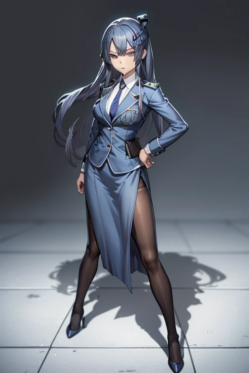 Female Police Officer、Long blue hair、Indigo Tie、Blue tight skirt、Indigo Blazer、pantyhose、high-heels、Standing statue with full body view