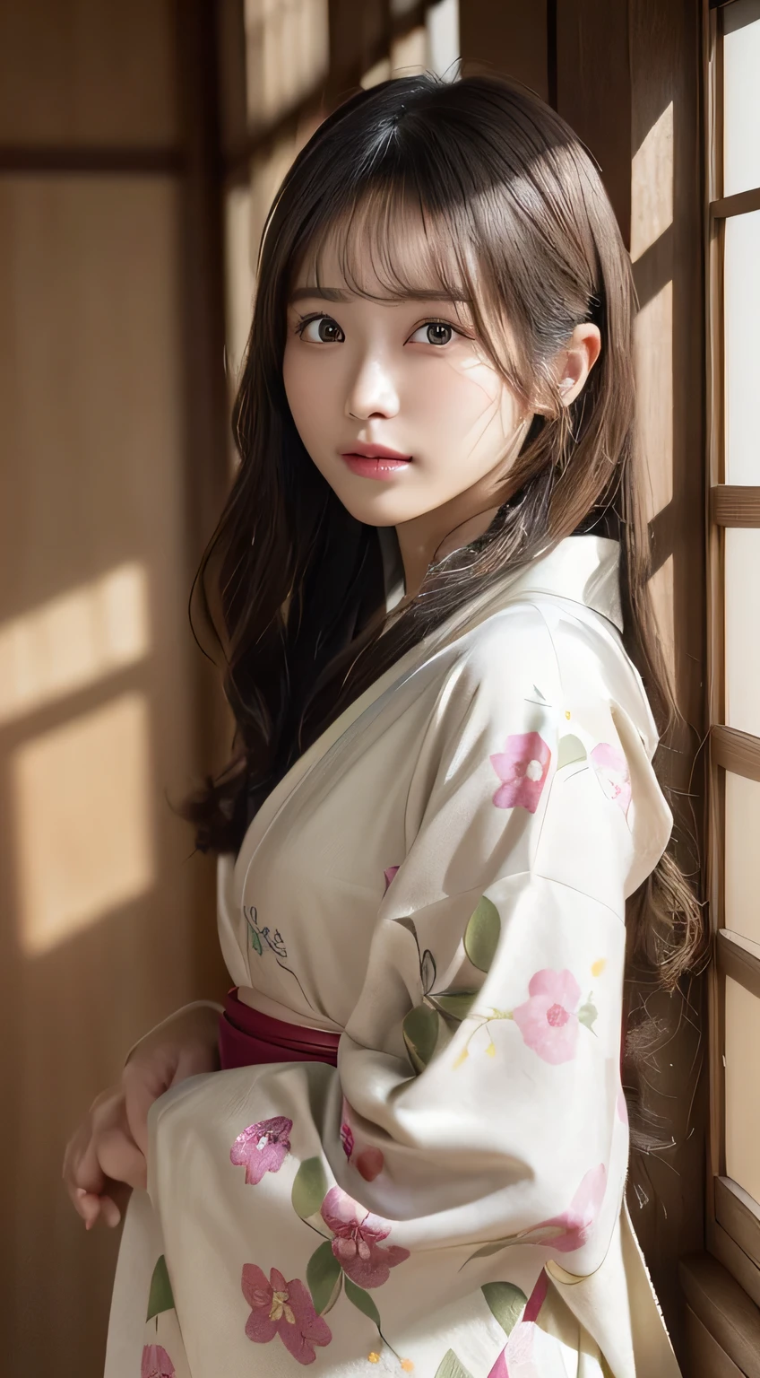 (Kimono)、(33yo)、inside in room、(top-quality,masterpiece:1.3,超A high resolution,),(ultra-detailliert,Caustics),(Photorealsitic:1.4,RAW shooting,)Ultra-realistic capture,A highly detailed,high-definition16Kfor human skin、 Skin texture is natural、、The skin looks healthy with an even tone、 Use natural light and color、(One Woman)、japanes,,kawaii,A dark-haired,Middle hair,(depth of fields、chromatic abberation、、Wide range of lighting、Natural Shading、)、