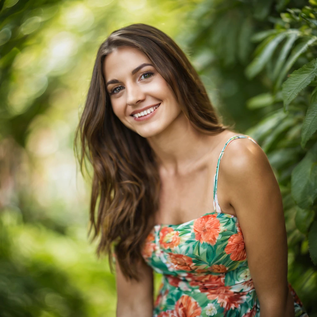 Portrait of a beautiful 25 year old woman with long brunette hair, outdoors in a lush green garden. She has a radiant smile, wearing a floral print dress. Captured in natural light which illuminates her hazel eyes and glowing skin. Vibrant colors, shallow depth of field, peaceful and joyful expression.