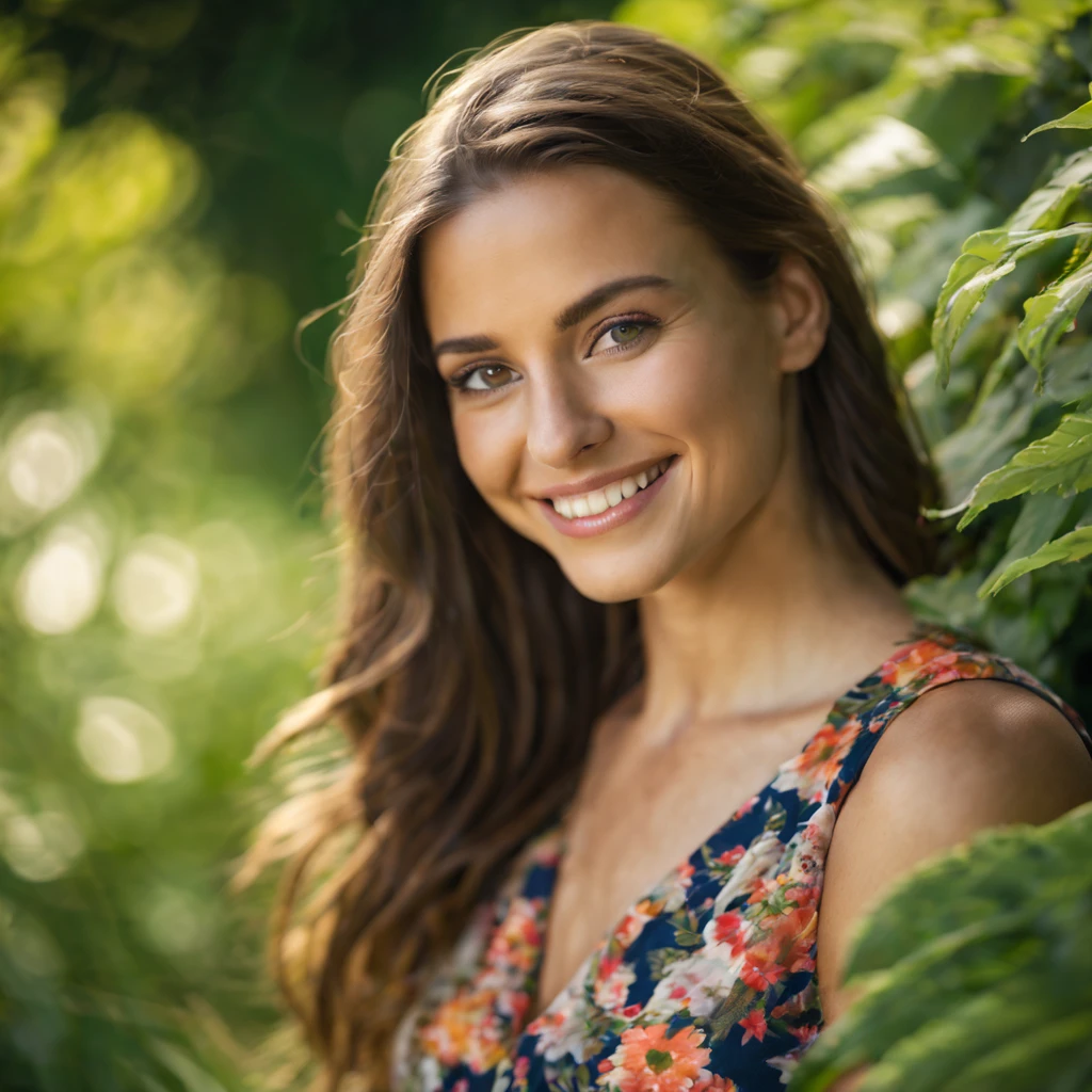 Portrait of a beautiful 25 year old woman with long brunette hair, outdoors in a lush green garden. She has a radiant smile, wearing a floral print dress. Captured in natural light which illuminates her hazel eyes and glowing skin. Vibrant colors, shallow depth of field, peaceful and joyful expression.