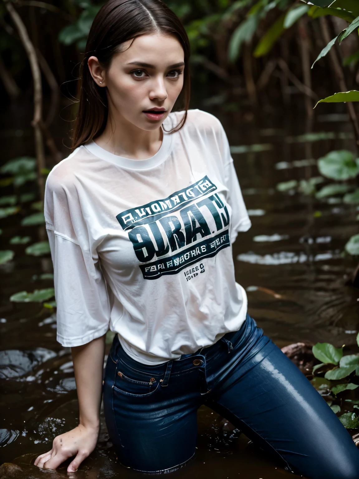 Psychological thriller, The woman, in full height, General plan, in the middle of the swamp, helplessly drowning in a swamp, Jeans and T-shirt, soaked in brown mud, Flares on jeans, Indulgence in a shameful fetish. stands, in full height, in dirty water, with a sharp face and. The woman'Pale skin contrasts with a dark background..................... natural skin textures, Detailed eyes and lips, Strong emotions, Losing control in fetish ecstasy