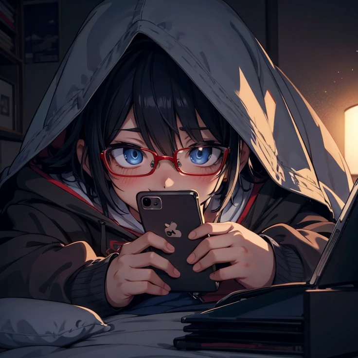 anime boy with glasses and blue eyes lying in bed and hoodie looking at his phone, artwork in the style of guweiz, anime wallaper, anime picture, 4k anime wallpaper, 4 k manga wallpaper, anime art wallpaper 8 k, anime wallpaper 4k, anime wallpaper 4 k, anime art wallpaper 4 k, anime art wallpaper 4k, hd anime wallaper, digital anime illustration