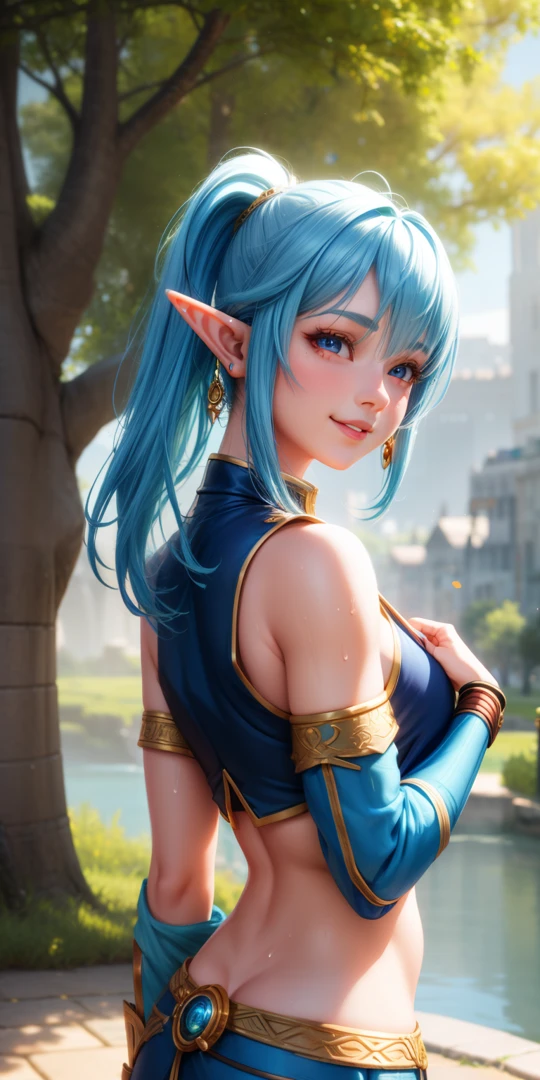 Young Female Elf, blue hair, red eyes, Tree Earring, Sweaty Cover, Golden City Theme, Happy Emotion Mood, Cute Smile, ..3d, Realistic, Hard DiskR, Hard Disk, Backstory, RTX, 2K, master piece.