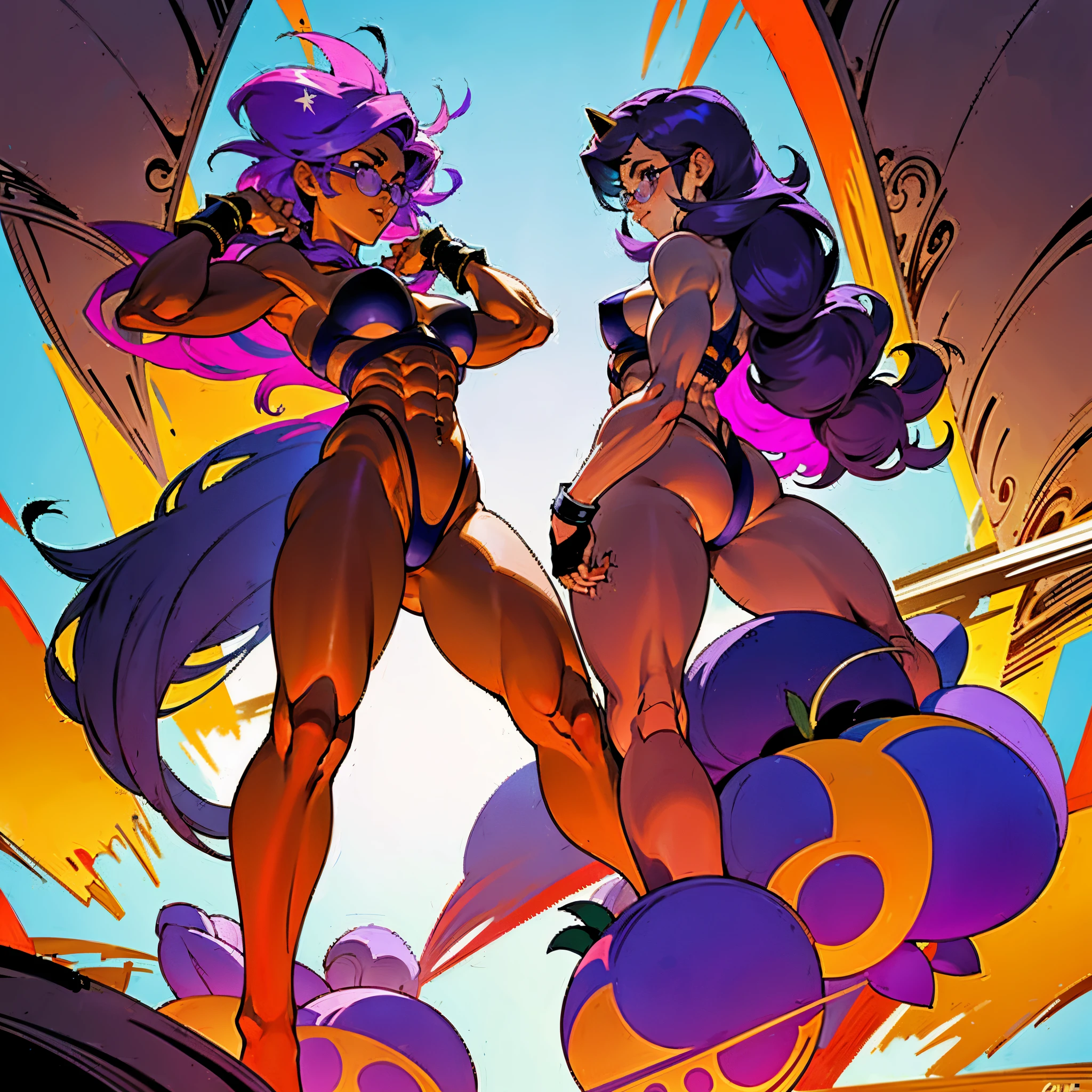 Full body, desnudo, Pose de lucha, dinamic poses, Female character design sheet., piel bronceada, muscular, Pecho grande, gafas, cabello exuberante, purple hair, Pelo de cola de caballo, boxeo femenino, pink boxing gloves with spikes, mochila morada, estilo pelea estrellas