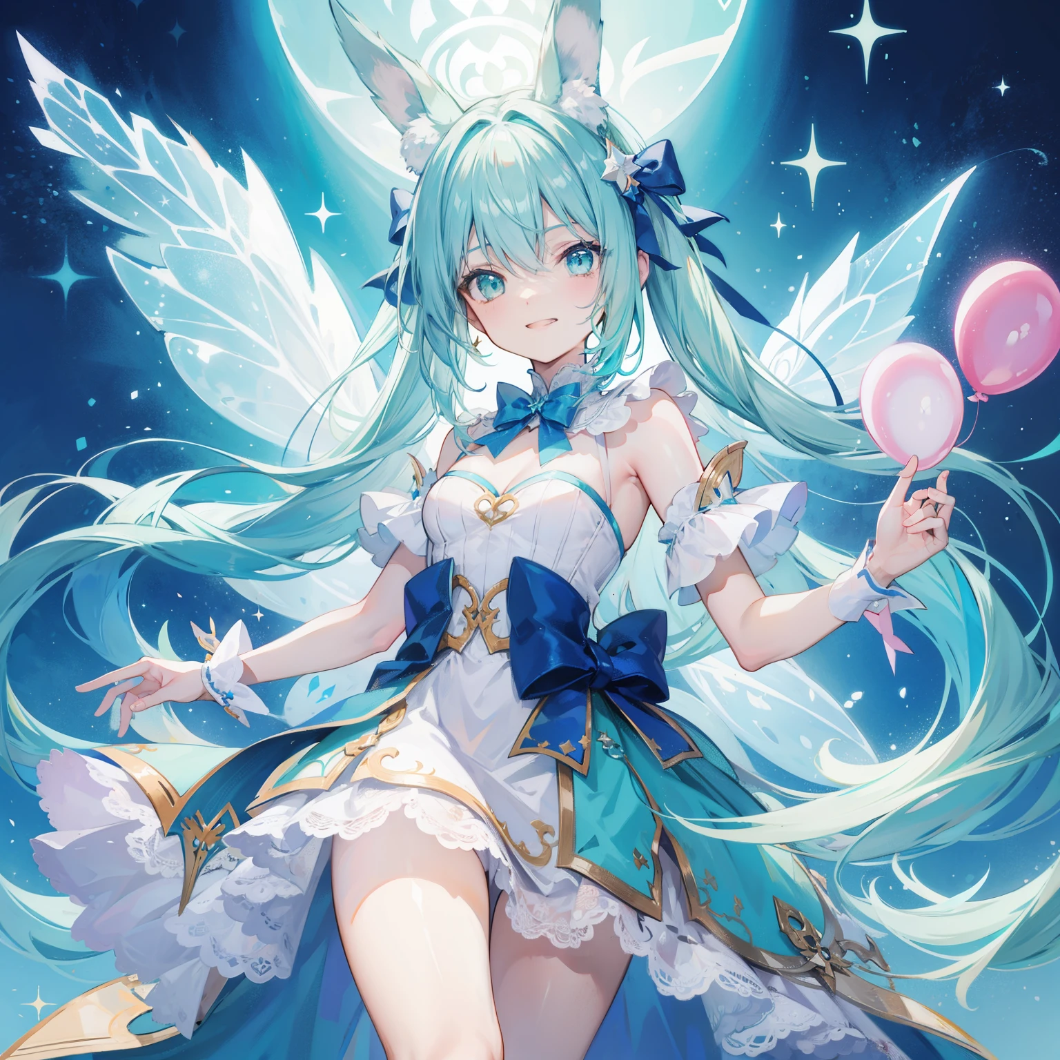 Young person, aquamarine hair with strands, Shining green eyes, light blue rabbit ears, ssmile, holding pink magic wand, tmasterpiece, high high quality,starryskybackground,blue bow balloon,a fairy dust,As estrelas,Elegant clothing in green and,Permanent,grin face,