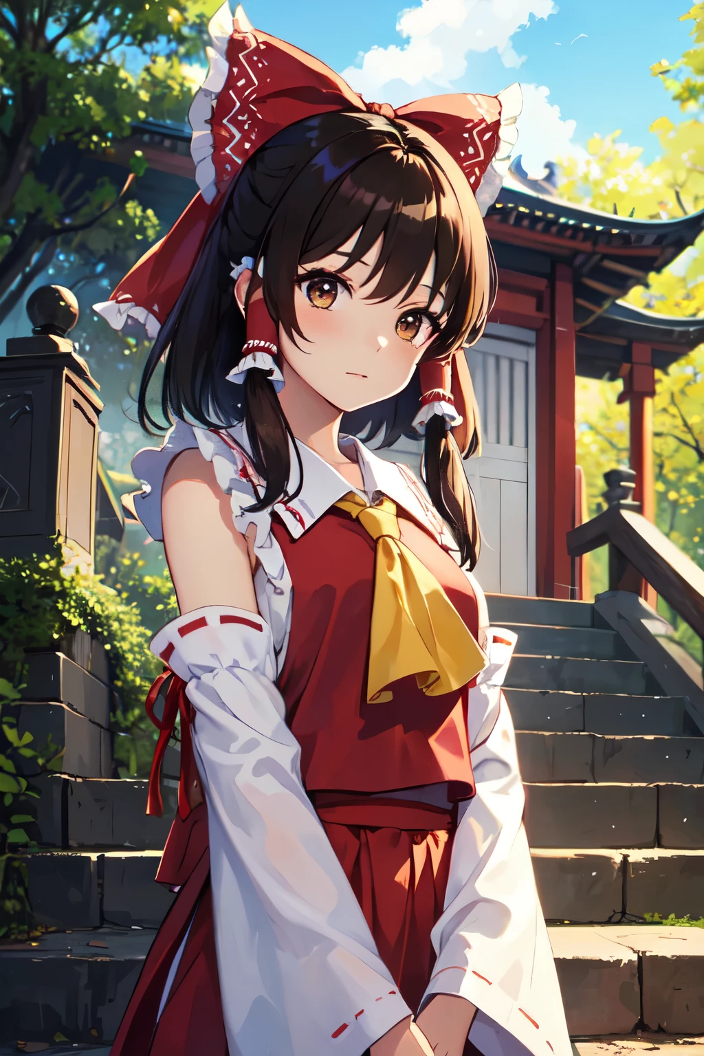 detailed background, masterpiece, best quality, 1girl, hakurei reimu, brown hair, hair tubes, hair ribbon, brown eyes, touhou project, temple, stairs, clound, blue sky, tree