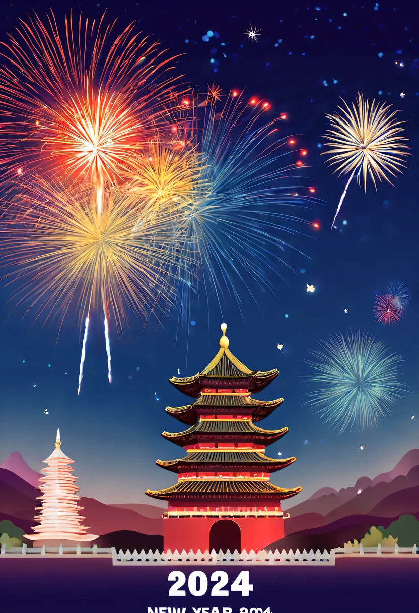 Holiday poster:(2024,new year poster),(new year'New Year's Eve 2024), (fire works), nigh sky,chinesedragon,