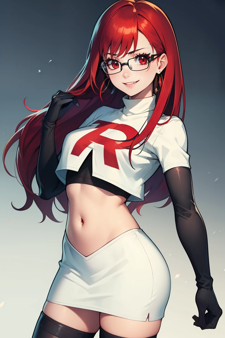 Yoshizawa Sumire, red hair ,long hair, glasses, straight hair, red eyes ,glossy lips, light makeup, eye shadow, earrings ,team rocket,team rocket uniform, red letter R, white skirt,white crop top,black thigh-high boots, black elbow gloves,evil smile, arms folded