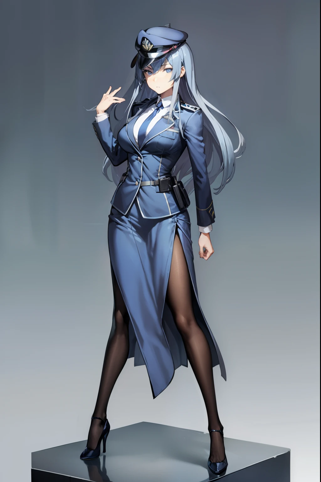 Female Police Officer、Long blue hair、Indigo Tie、Blue tight skirt、Indigo Blazer、pantyhose、high-heels、Standing statue with full body view