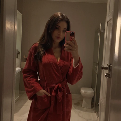 (best quality, masterpiece1.2), intricate detail, sexy woman, selfie from bathroom mirror, in a Christmas themed red and white bathrobe