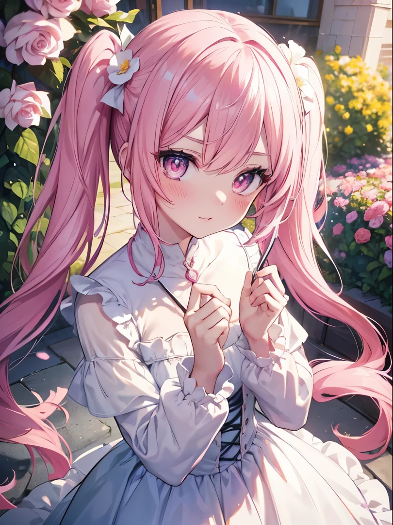 masutepiece, Highest Quality, (Perfect face:1.1), (high detailing:1.1), (ultradetailed eyes), Dramatic, superfine illustration, Extremely detailed,1girl in, (pale skin), Happy, Laugh, Enjoy, Cheerful,gloweyes,pinkhair, (long twintail),Ethereal eyes, pink eye,(light eyebrow),blush, Solo,Pouty lips,Cinematic lighting,Looking Up,learning forward,Upper body,From above,Long sleeve,pink princess dress,plein air, Flower Garden,in the morning, Sunny