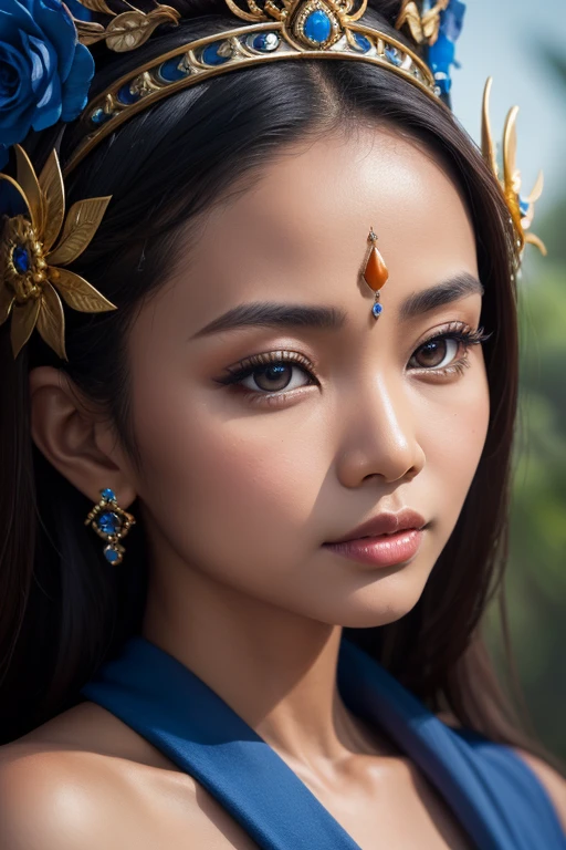 balinese queen, close up, brown skin, black eyes, blue shirt, high res, ultrasharp, 8K, masterpiece