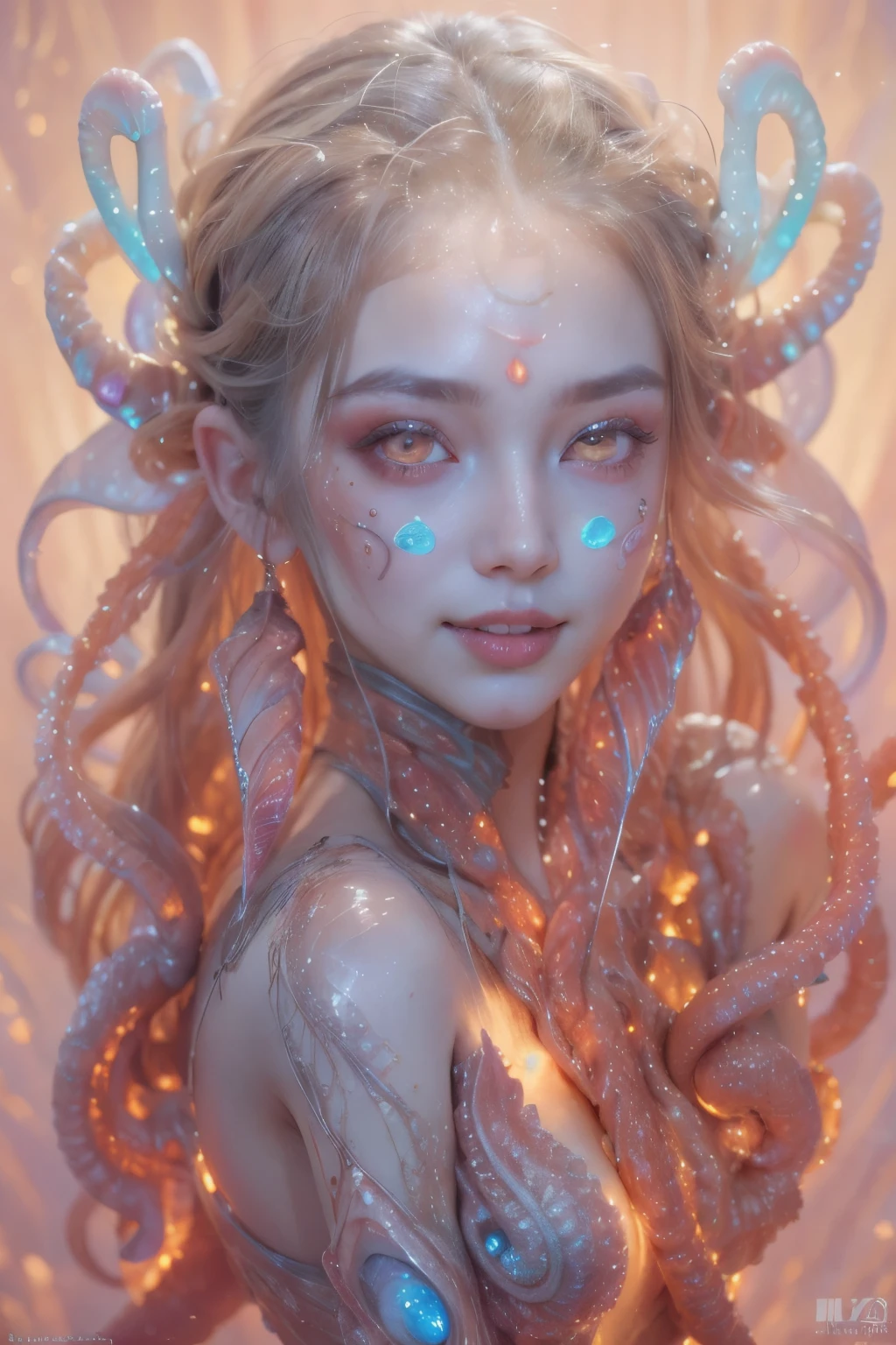 Portrait, (1 beautiful female alien:1.2),  ((There is a female genital-like organ in the middle of the forehead.:1.9)), (The most beautiful face in the history of the universe:1.2), (Scarlet eyes that shine mysteriously:1.6), (Translucent skin:1.8), an evil gaze that seduces, (red eyes:1.5), (large mouth:1.1), sharp teeth like a shark, Full body like, (bio luminescent:1.2), (Smile wickedly:1.3),  (sexypose:1.5), alien, No humans, cells are fused, (Lots of translucent tentacles:1.1) (Translucent skin:1.3), extraterrestrial, cell, bio image, Best Quality, 8K,4K_quality, High Definition, Dramatic Lighting, masutepiece:1.5,cinematic quality, detail up, (Intricate details:1.2), High resolution, High Definition, drawing faithfully, (Thick eyebrows:1.2), Beautiful eyes with fine symmetry, (Ultra detailed eyes:1.2),(Highly detailed face and eyes:1.2), (High-resolution red-eye:1.4), Intimate face, (Super detailed skin quality feeling:1.4), Perfect Anatomy,  (Beautiful toned body:1.5),  (Moist skin:1.2), No makeup, (dark circles:1.1), long canines, cinematic drawing of characters, ultra high quality model, cinematic quality, detail up, (Intricate details:1.2), High resolution, High Definition, drawing faithfully, Official art, Unity 8K wall  , 8K Portrait, Best Quality, Very High resolution, ultra detailed artistic photography, midnight aura,  unreal enginee 5, Ultra Sharp Focus, art by alberto seveso, ArtGerm, Roisch, intricate artwork, best quality, masutepiece, ultra High resolution, (photos realistic:1.4), Ultra-realistic realism, dream-like,  nautilus, Creation of fantasy, Snail, Dream Snail,  (biopunk nautilus:1.3), Thrilling color schemes， Ultra-realistic realism， seductively smiling, Blue tentacles, Creatures that mimic humans