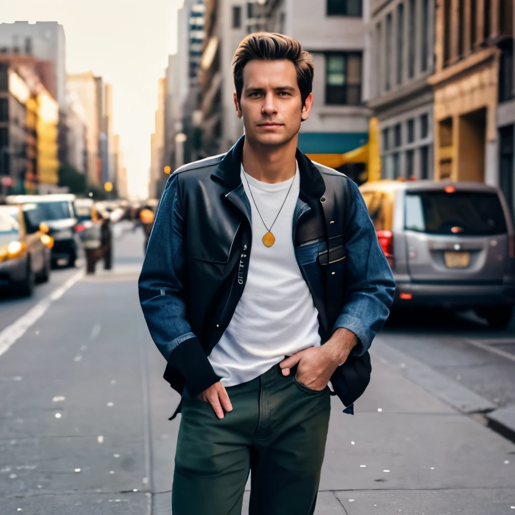 "Imagine a photograph of a man, casually walking down a busy New York street., Shot on a Canon EOS 5D Mark IV with f aperture./1.8, Shutter speed 1/200 and ISO 100. He is wearing a jacket, jeans and khaki trousers., with a pair of white sneakers. His brown hair blows a little in the wind., and he has a calm expression on his face. He carries a black leather backpack over his shoulder.. The street is lined with bricks of high-rise buildings., and the sidewalk is full of people of all ages and walks of life. A yellow taxi drives down the street.. Scene in the soft light of sunset., creating a beautiful effect of light and shadow. The scene should look like this, as if it was shot with a high quality DSLR camera., in an ultra photorealistic style with intricate detail and depth of field effect --chaos 1 --hd --ar 16:9 --iv:3-no points . The image should be in the style of street photography., with vibrant colors and balanced contrast, giving a feeling of movement and city life."