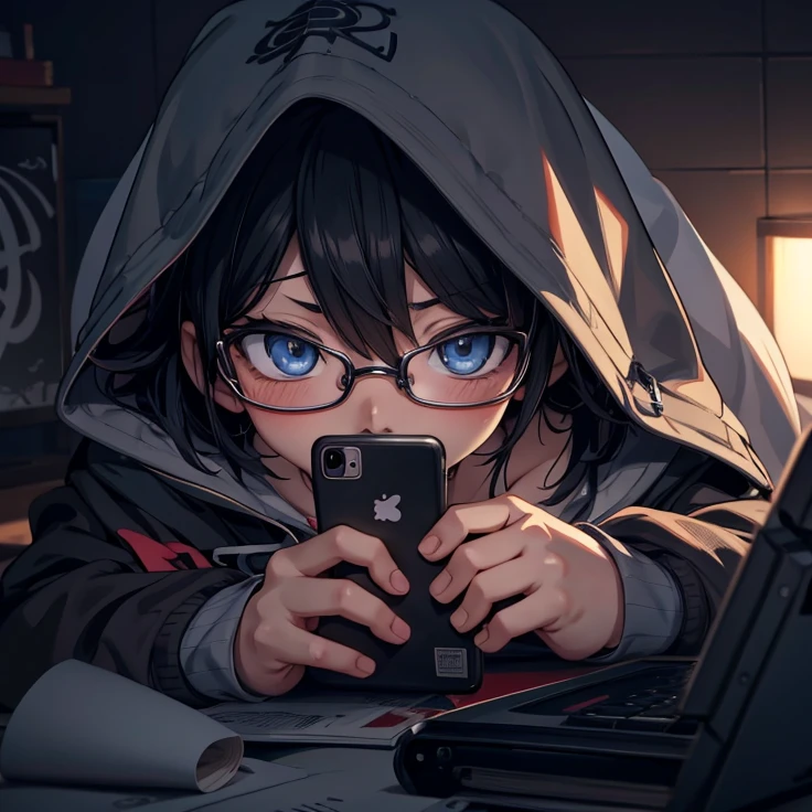 anime boy with blue eyes and black glasses lying in bed and hoodie looking at his phone, artwork in the style of guweiz, anime wallaper, anime picture, 4k anime wallpaper, 4 k manga wallpaper, anime art wallpaper 8 k, anime wallpaper 4k, anime wallpaper 4 k, anime art wallpaper 4 k, anime art wallpaper 4k, hd anime wallaper, digital anime illustration