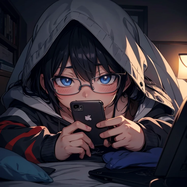 anime boy with blue eyes and black glasses lying in bed and hoodie looking at his phone, artwork in the style of guweiz, anime wallaper, anime picture, 4k anime wallpaper, 4 k manga wallpaper, anime art wallpaper 8 k, anime wallpaper 4k, anime wallpaper 4 k, anime art wallpaper 4 k, anime art wallpaper 4k, hd anime wallaper, digital anime illustration