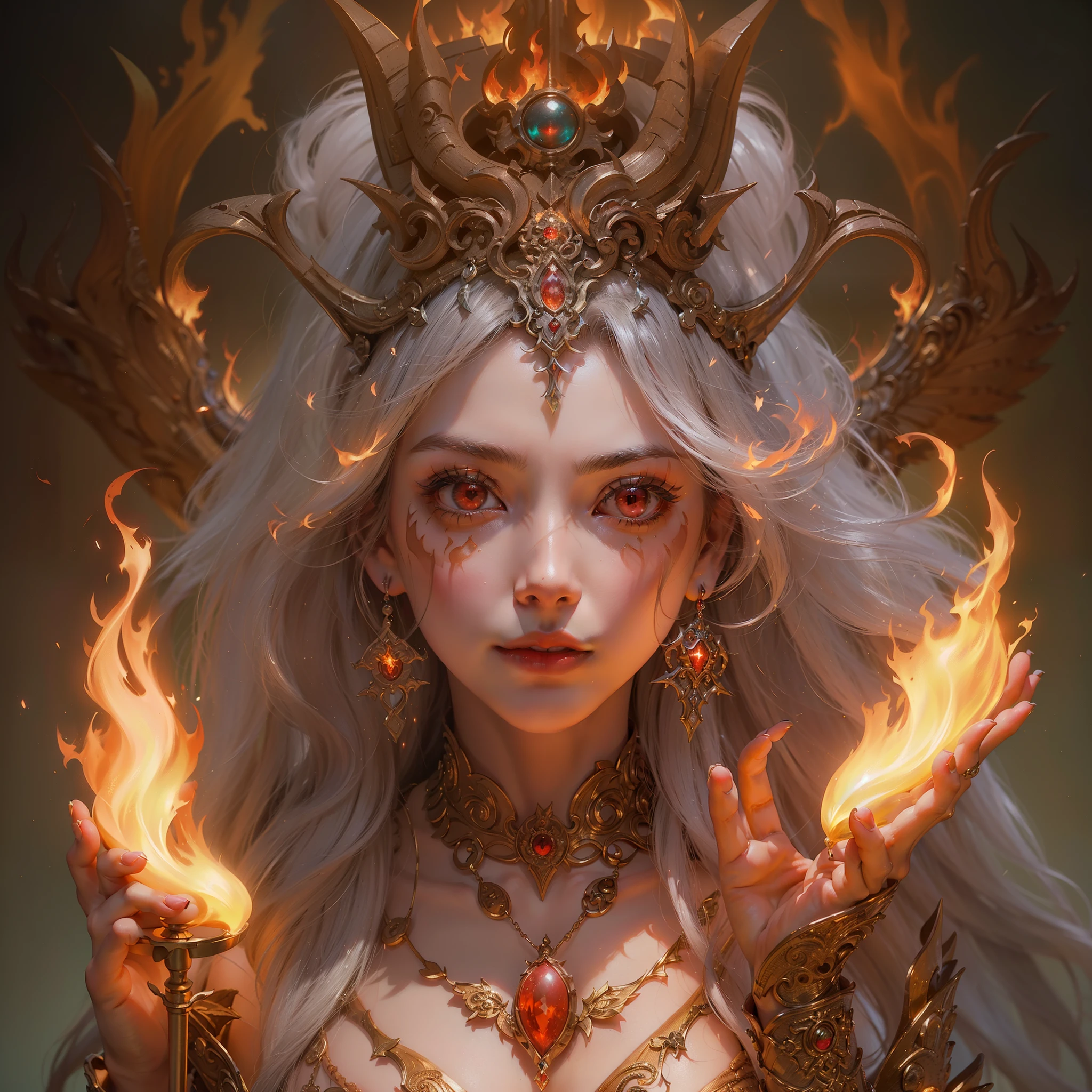 number々Award-winning masterpieces of, with incredible detail, textures and maximum detail), (hyper Realistic:1.4), (Realistic:1.3), (Top quality real texture skins), (precise, Perfect circle, Symmetrical, Eye-catching, Delicate face, ((medieval world)), (((full-length portrait))), ((The Flame Devil of the Lord)), ((The Fire Devil of the Lord's Hell)), (let your eyes burn brightly ), (((full-body standing image))), (She has a mischievous smile on her face), (Eyes that glow red in the dark:1.5), (A pair of red eyes with strong red light emitting from within:1.5), (((full-body standing image))), bio luminescent, (背景にSwirling flamesと炎), (Dramatic light), (A majestic sight), (Her countenance is gentle and beautiful, however、Somehow horrible), Glass earrings on the ears, (dramatic photography:1.4), (((holding a torch))), ((dramatic pose)), (flamboyant photo), (Golden hair), (Silver hair), (Chestnut hair), short cut hair, ((looks up)), ((Looking down)), (Around her neck is an elaborately crafted necklace..), (bio luminescent with brilliant brilliance:1.3), (Use fancy flame magic:1.2), (Swirling flames), The Great Temple of the Devil, The Devil's Grand Shrine, great temple, great cathedral, temple ruins, detached temple, (Luminous magic circle), Ruins of an ancient castle, Shining majestic cloud masses and sky, lightning bolt, epic Realistic, Faded, Art Book, (Greg Rutkowski:0.8), (teal and orange:0.4), (Art Book station:1.5), Cinematic, ((Neutral colors)), (nffsw:1.5), (Muted colors:1.2), Hyper Detailed, Dramatic light, (Intricate details:1.1), Complex background,
