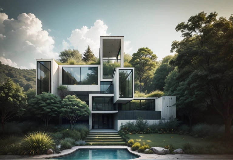 there is a pool in the backyard with a tree in the middle, concrete architecture, very vanish, and new, recently built, white walls, architectural shot, archdaily, brutal concrete architecture, inter dimensional villa, contemporary architecture, concrete housing, arborescent architecture, concrete, brutalist shiro, arhitectural shot, well-designed masterpiece, by Matteo Pérez, pablo olivera, open wall architecture