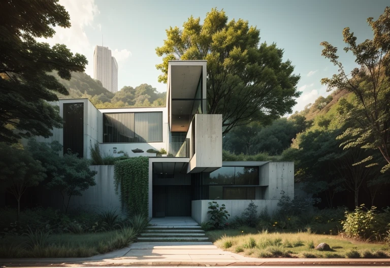there is a pool in the backyard with a tree in the middle, concrete architecture, very vanish, and new, recently built, white walls, architectural shot, archdaily, brutal concrete architecture, inter dimensional villa, contemporary architecture, concrete housing, arborescent architecture, concrete, brutalist shiro, arhitectural shot, well-designed masterpiece, by Matteo Pérez, pablo olivera, open wall architecture