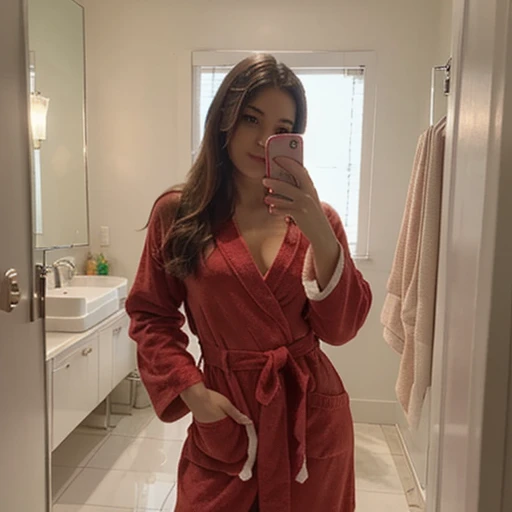 (best quality, masterpiece1.2), intricate detail, sexy woman, selfie from bathroom mirror, in a Christmas themed red and white bathrobe, shot on iphpne