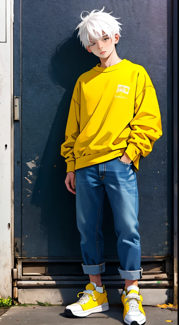 (Personagem original) ((refer ence sheet)) homem de 20 anos, 175cm, cabelos longos vermelhos, corpo magro, sun glasses, serious face (((usa moletom amarelo))) style with black pants