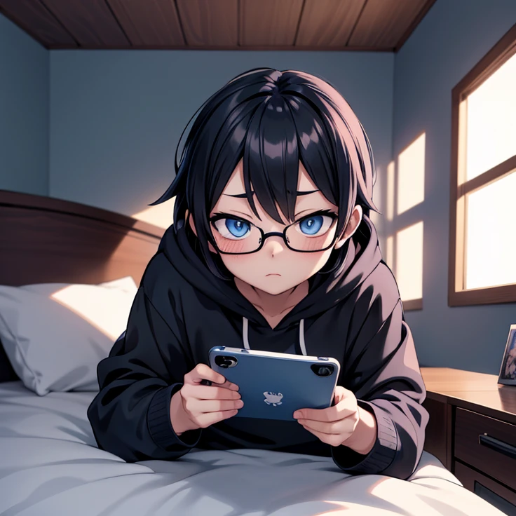 anime boy with blue eyes and black glasses lying in bed and hoodie looking at his phone, artwork in the style of guweiz, anime wallaper, anime picture, 4k anime wallpaper, 4 k manga wallpaper, anime art wallpaper 8 k, anime wallpaper 4k, anime wallpaper 4 k, anime art wallpaper 4 k, anime art wallpaper 4k, hd anime wallaper, digital anime illustration