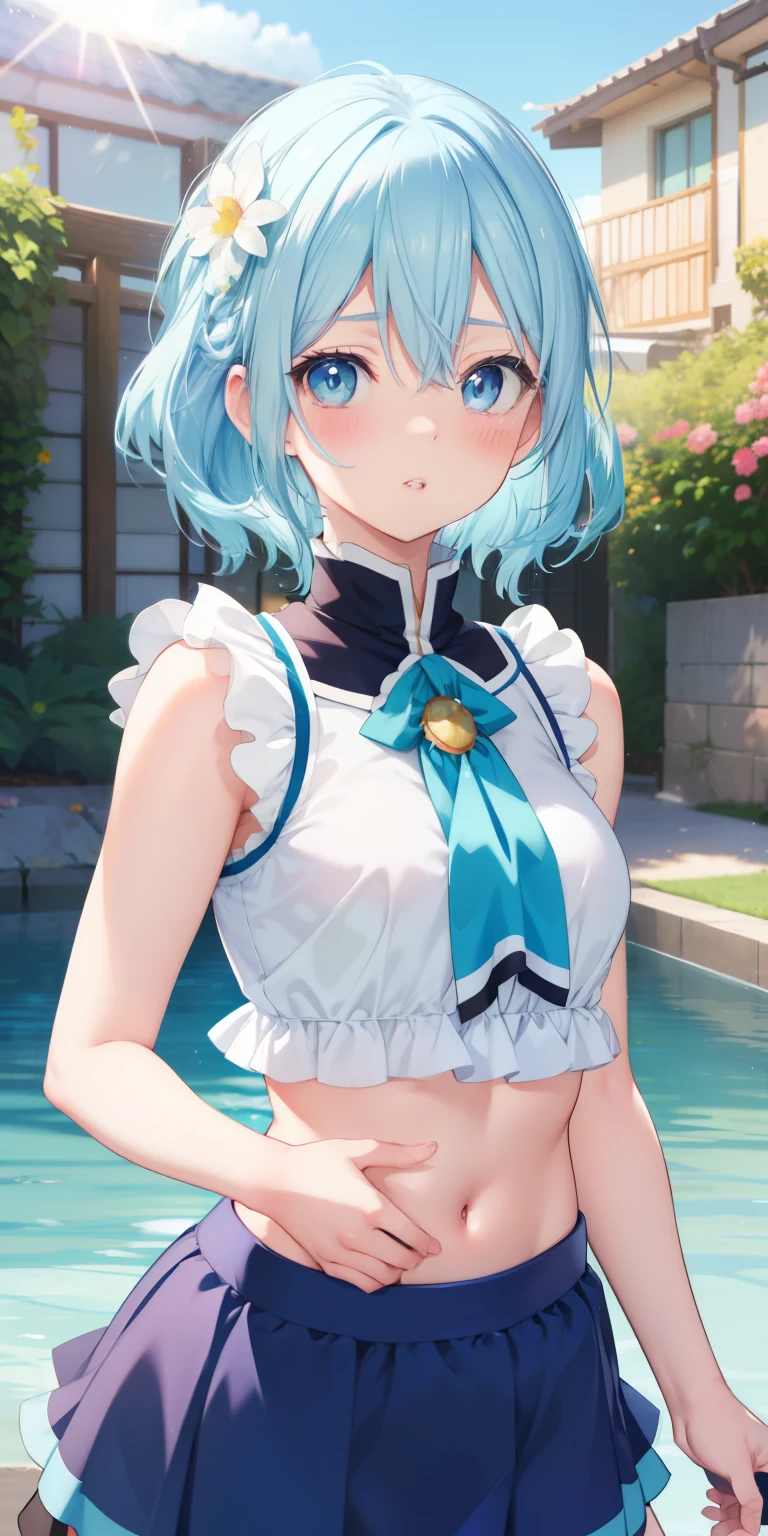 realistic, Aqua Konosuba, light blue hair, blue eyes, bright eyes, cropped top, skirt, parted lips, blush, night, flowers, sun, sunlight.