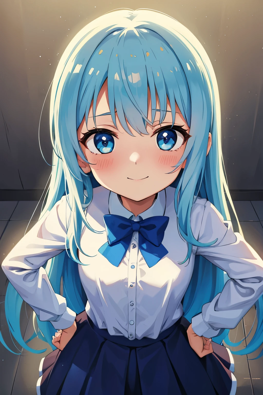 Winters.girl with.light Blue hair.long hair.student clothes.a junior high school student.short stature.a smile.Look at viewers.put hands on the hip.look from above.