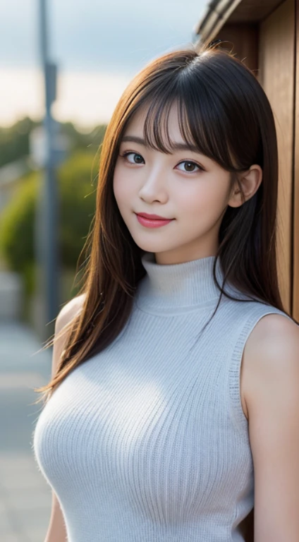 masutepiece, Best Quality, Photorealsitic, finely detail, hight resolution, 8K Wallpapers, Perfect dynamic composition, Beautiful detailed eyes, Medium Hair, large full breasts, Random and sexy poses,Bring your chest together、(Tight white sleeveless high neck knitwear)、(Breast bulge 1.2)、A smile、open open mouth、Resort scenery、30-years old、(Drooping eyes 1.4)、 Beauty、japanes