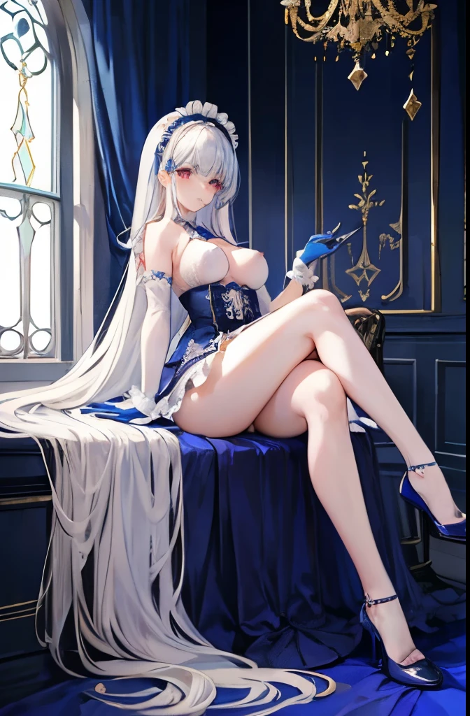 Members of the royal family，Lolita prostitute，Blue color scheme，white long straight hair，red eyes，Ear Brewster Watson Ring，secretary，leg loops，windowsill，starrysky，black silk high heels，long  skirt，Serious，Lace headband，Lace gloves ，maid，Raised sexy，Obscenity exposed，Spread your legs apart，nipples