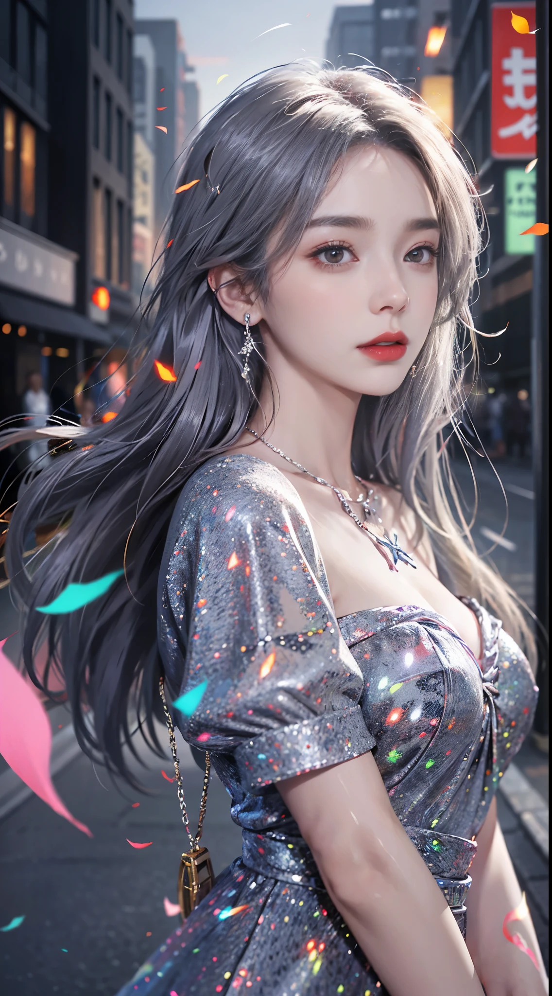 dress,, Urban beautiful girl college student, masterpiece, light makeup, red lips, silver hair, messy long hair, street background, beautiful, elegant.  Ultra-fine details, master works, real texture, cinematic lighting realism, perfect work, 8k, HD, exquisite facial features,  slim figure, bright big eyes, smooth skin, earrings, necklace, tattoos