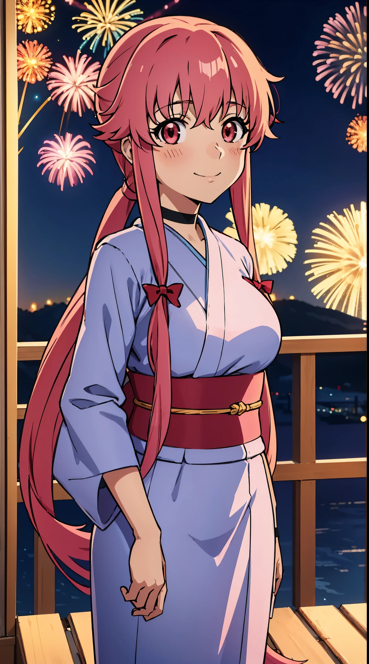 anime_still, masterpiece, best quality, 1girl, Gasai Yuno, long hair, pink hair, low twintails, smile, yuno gasai At a New Year's Eve celebration wearing a kimono, large breasts, black choker, red eyes, ((night sky)), fireworks,