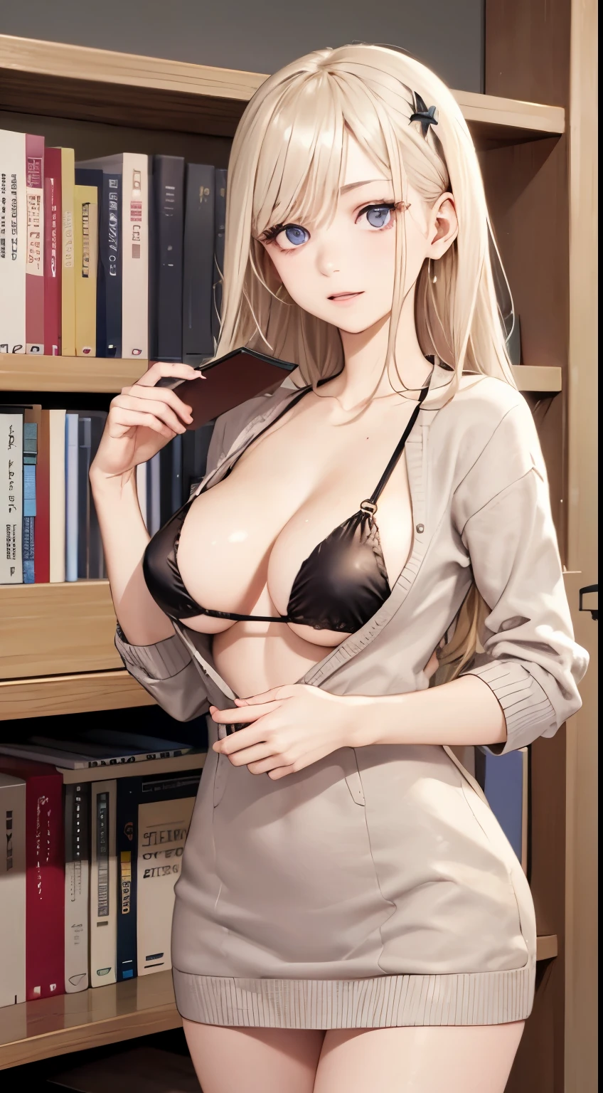 Sexy Librarian、Reading at her desk、at the library、Colossal tits、cleavage of the breast、Perfect Hands Perfect Fingers Perfect Chest Perfect Fit Perfect Body Perfect Face Perfect Image Realism Detailed Background Detailed Outfit Micro Bikini、Unbuttoned shirt、Lewd librarian、Hyper-Realism、Photorealsitic、Unreal Engine、3DCG、octan render、8K maximum resolution very detailed、sweater dress、Professional librarian、Chest about to burst from her clothes、yawns