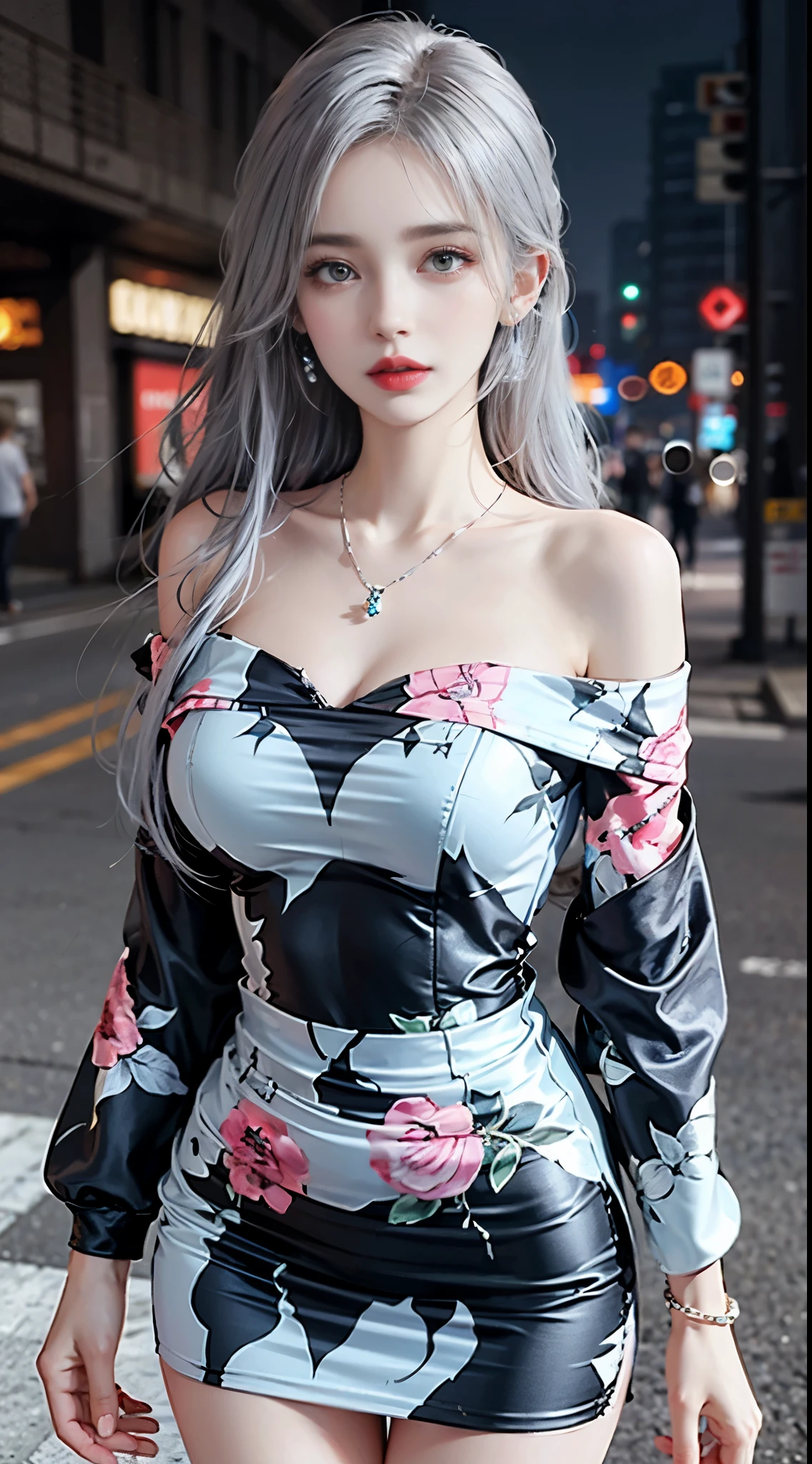 print dress, off shoulder, ,, Urban beautiful girl college student, masterpiece, light makeup, red lips, silver hair, messy long hair, street background, beautiful, elegant.  Ultra-fine details, master works, real texture, cinematic lighting realism, perfect work, 8k, HD, exquisite facial features,  slim figure, bright big eyes, smooth skin, earrings, necklace, tattoos