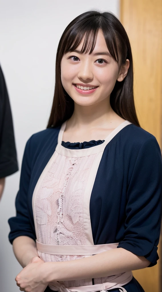 (16K Ultra High Resolution, Best Quality, masutepiece:1.2), Ultra-detailed, (Realistic, Photorealsiticです, Photorealsitic:1.37), (Full body image of a girl wearing a bikini), Hide your hands behind your body, 18year old, beautifull detailed face, detailed illustration, Renaissance art, Delicate artwork, kitchin, kitchin apron, age girl, Soft and pastel color palette, Studio Lighting.