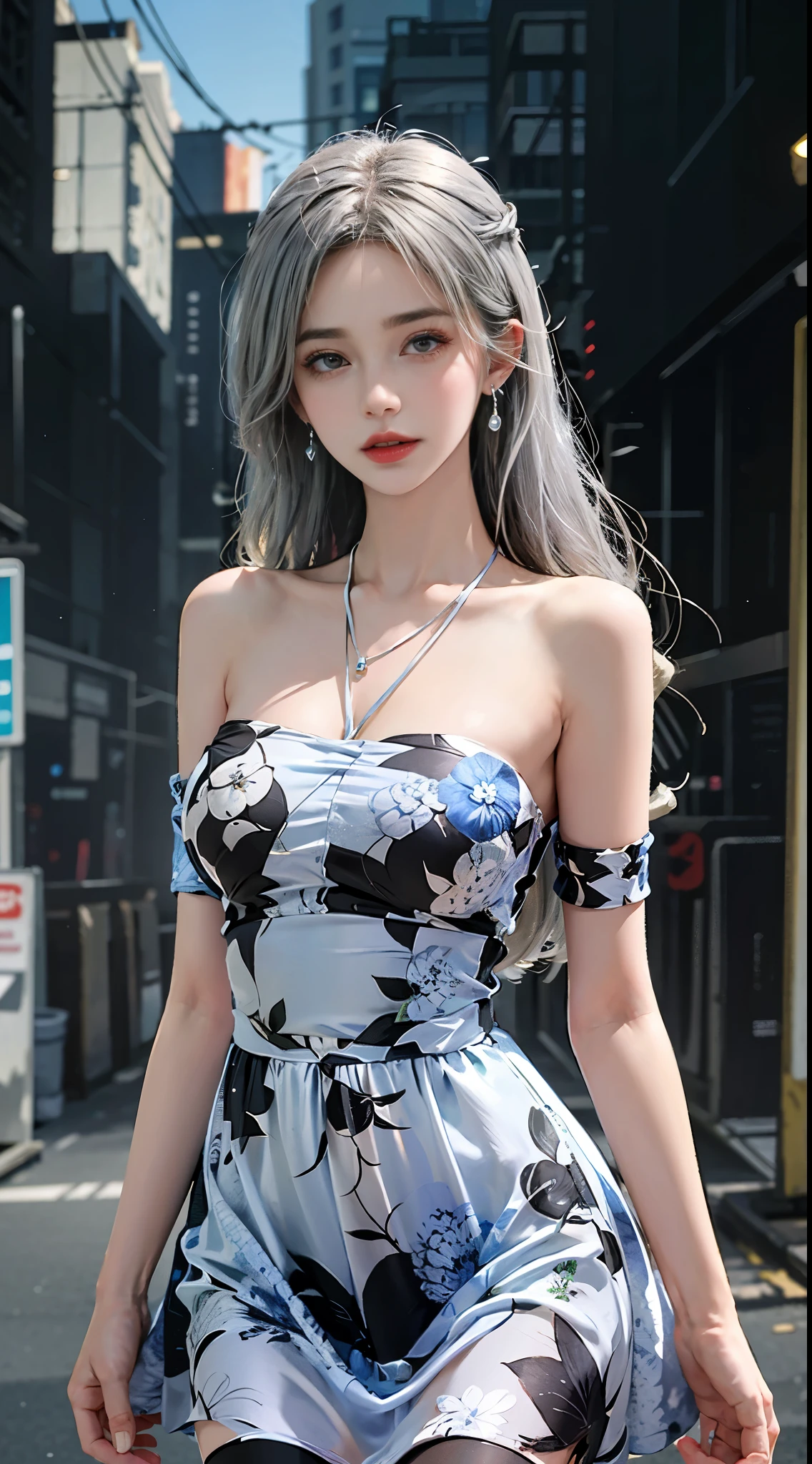 bare shoulders, dress, Urban beautiful girl college student, masterpiece, light makeup, red lips, silver hair, messy long hair, street background, beautiful, elegant.  Ultra-fine details, master works, real texture, cinematic lighting realism, perfect work, 8k, HD, exquisite facial features,  slim figure, bright big eyes, smooth skin, earrings, necklace, tattoos