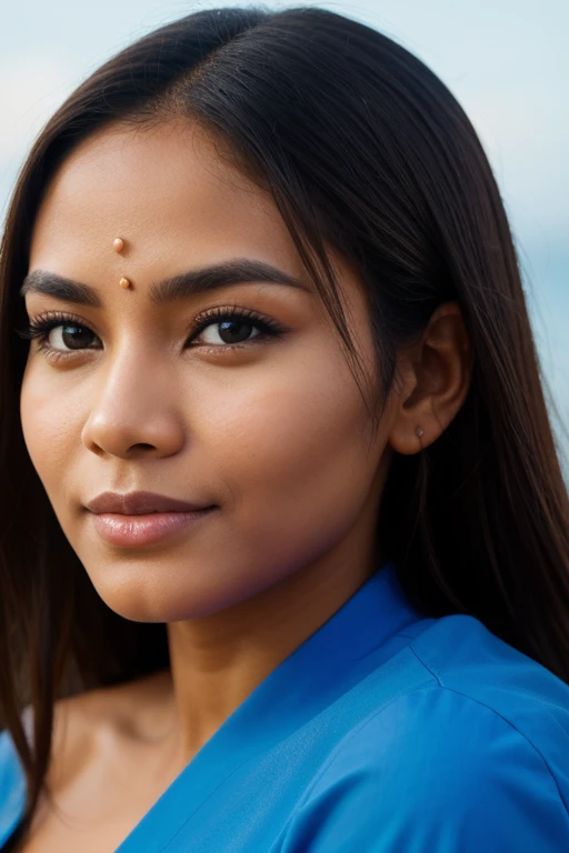 balinese queen, close up, brown skin, black eyes, blue shirt, high res, ultrasharp, 8K, masterpiece