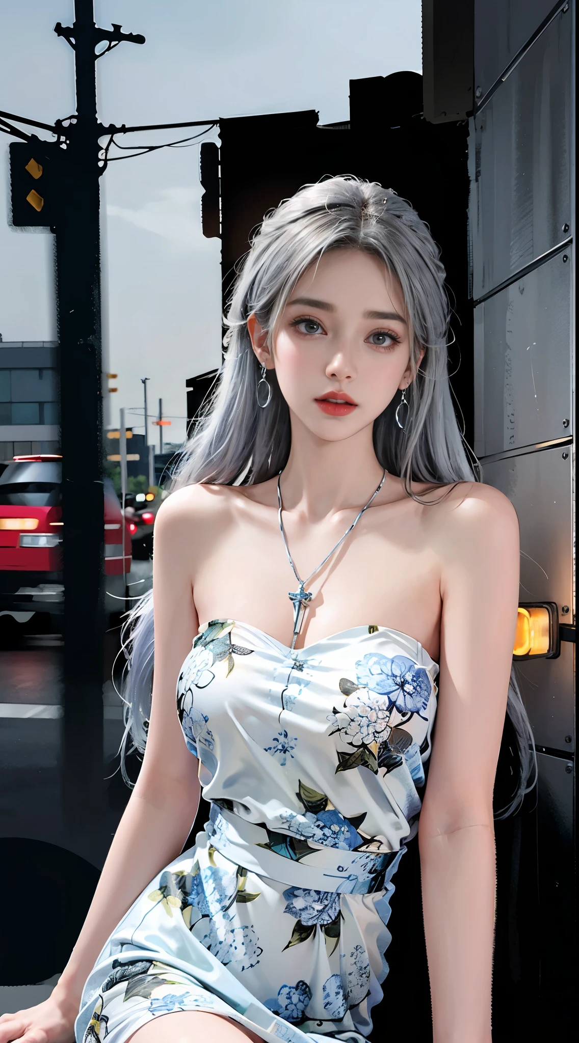 bare shoulders, dress, Urban beautiful girl college student, masterpiece, light makeup, red lips, silver hair, messy long hair, street background, beautiful, elegant.  Ultra-fine details, master works, real texture, cinematic lighting realism, perfect work, 8k, HD, exquisite facial features,  slim figure, bright big eyes, smooth skin, earrings, necklace, tattoos